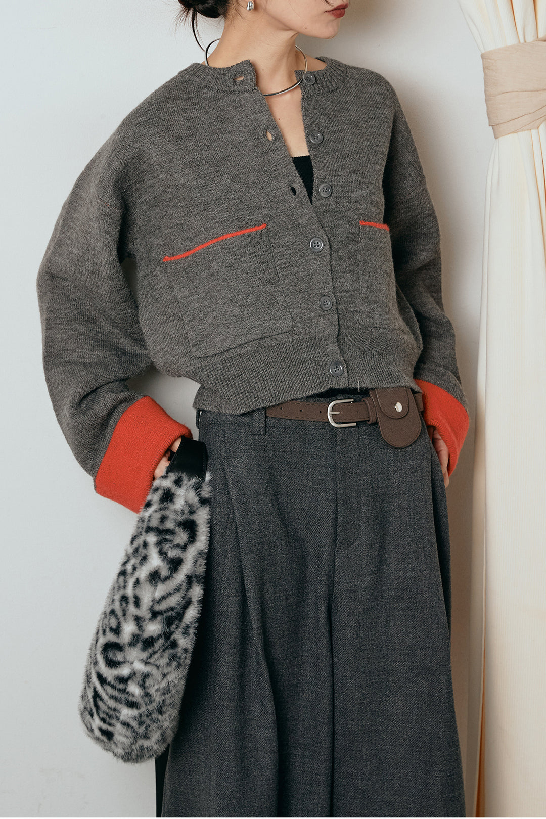 [SET]アルパカタッチダブルフェイスカーディガン+ポーチベルト付きカーブパンツ(2set)