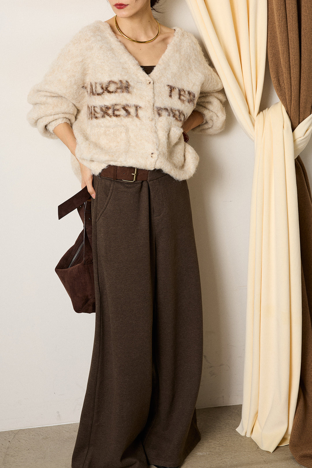 [SET]ウール混透かしロゴニットカーディガン+サイドベルトパンツ(2set)