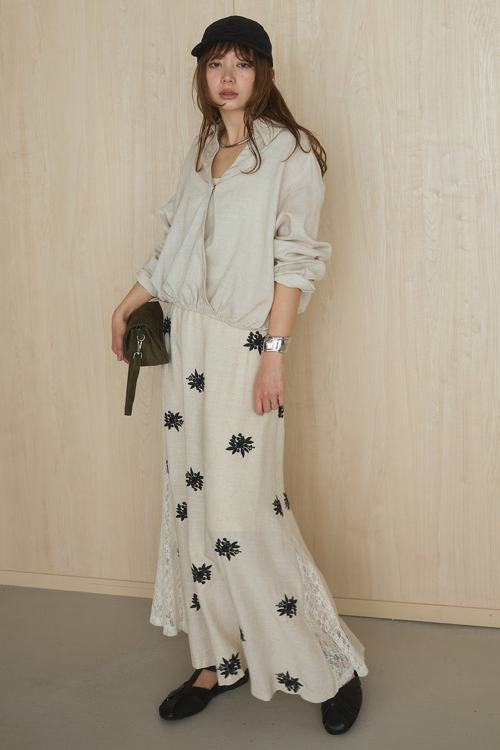 [SET]麻混襟付きトップス+レースコンビフラワー刺繍柄スカート(2set)