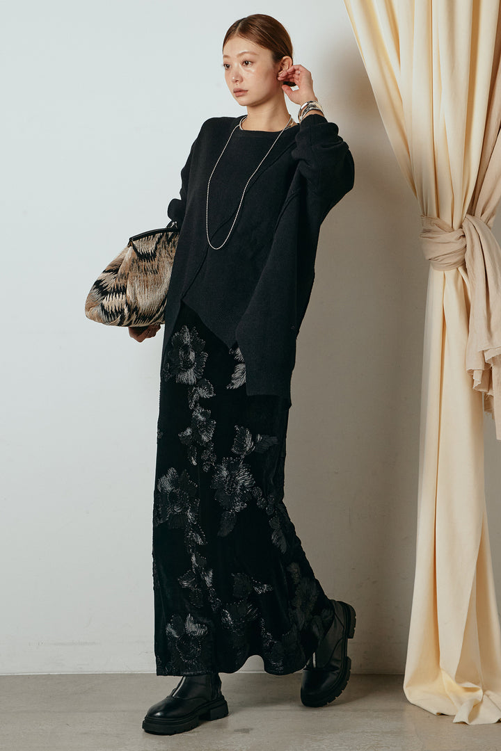 【着回しセット】[SET]アシンメトリーデザインニットトップス+センターラインニットパンツ+フラワー刺繍ワイドスカート(3set)