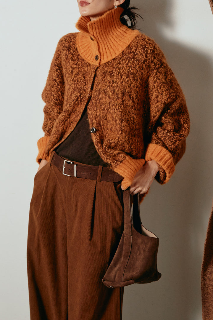 [SET]ハイネックミックスニットトップス+太ベルト付きコーデュロイタックパンツ(2set)