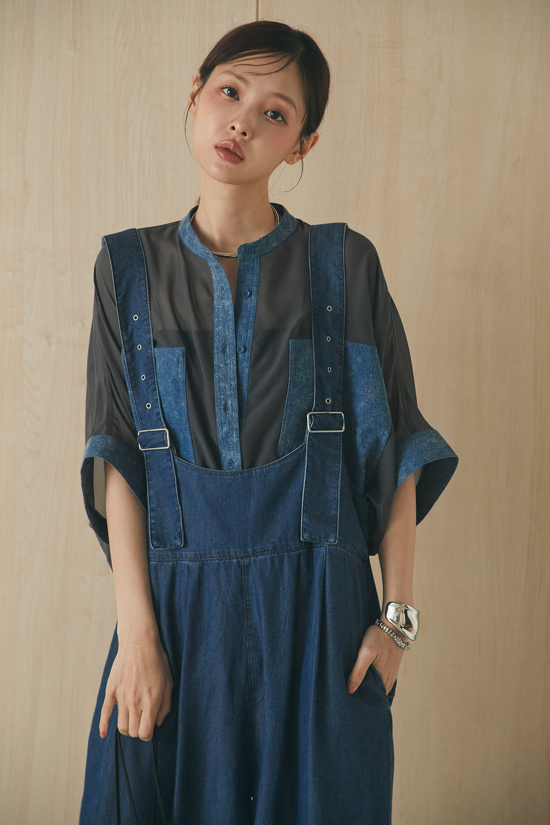 [SET]デニムライクビッグツーポケシアーシャツ+前後2WAYテンセルデニムサロペット(2set)