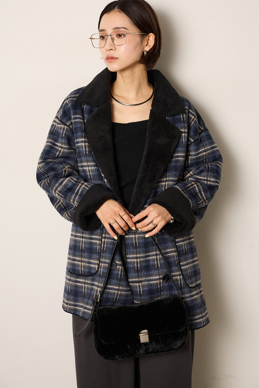 [SET]裏地ボアタータンチェック柄ミディアムコート+裏起毛スウェットワイドパンツ(2set)