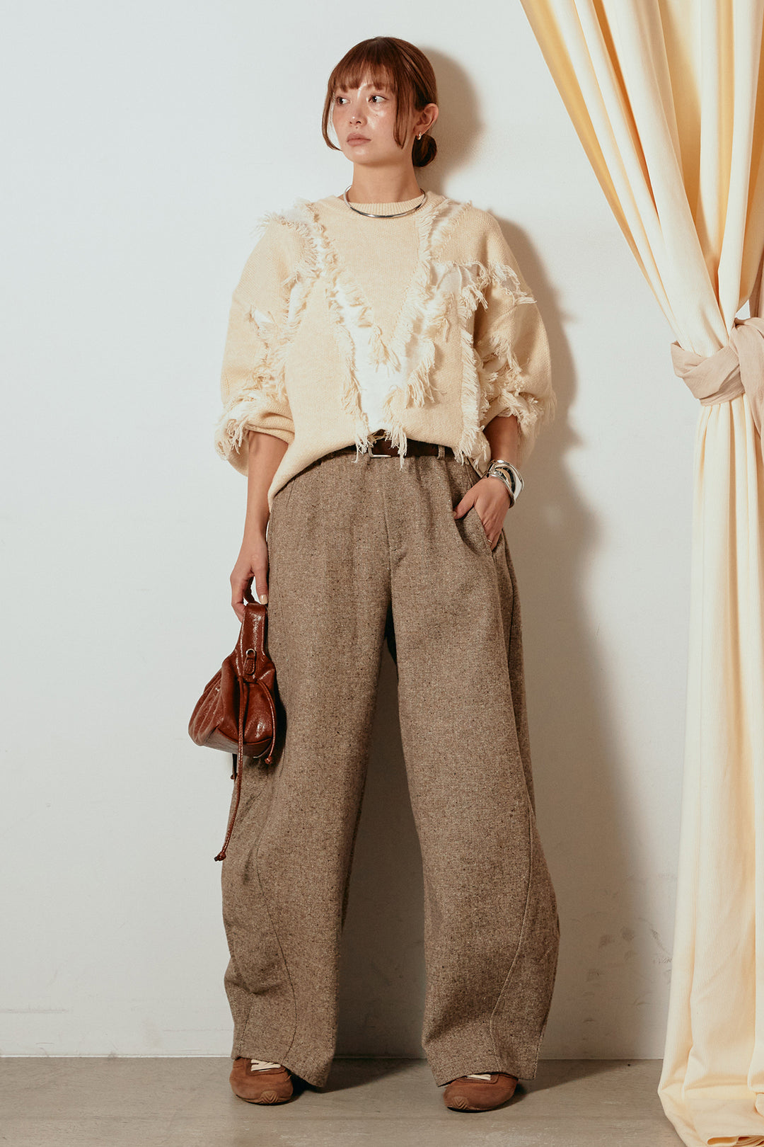 [SET]シャギージャガードニットトップス+ベルト付きネップツイードカーブパンツ(2set)