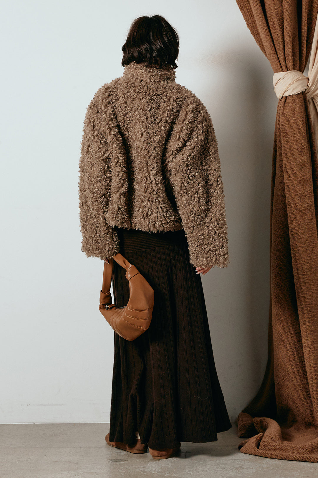 [SET]プードルファーミドルジャケット+編み地切り替えフレアニットスカート(2set)