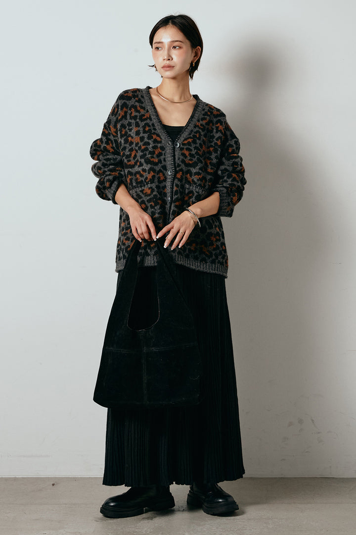 [SET]ステッチデザインレオパードニットカーディガン+リブニットフレアスカート(2set)
