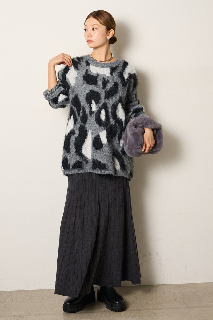 [SET]ルーズアニマルモヘアニットトップス+編み地切り替えフレアニットスカート(2set)