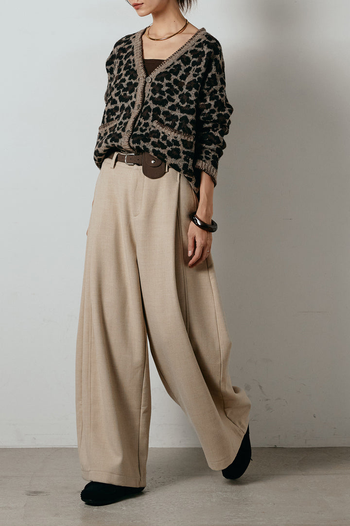 [SET]ステッチデザインレオパードニットカーディガン+ポーチベルト付きカーブパンツ(2set)
