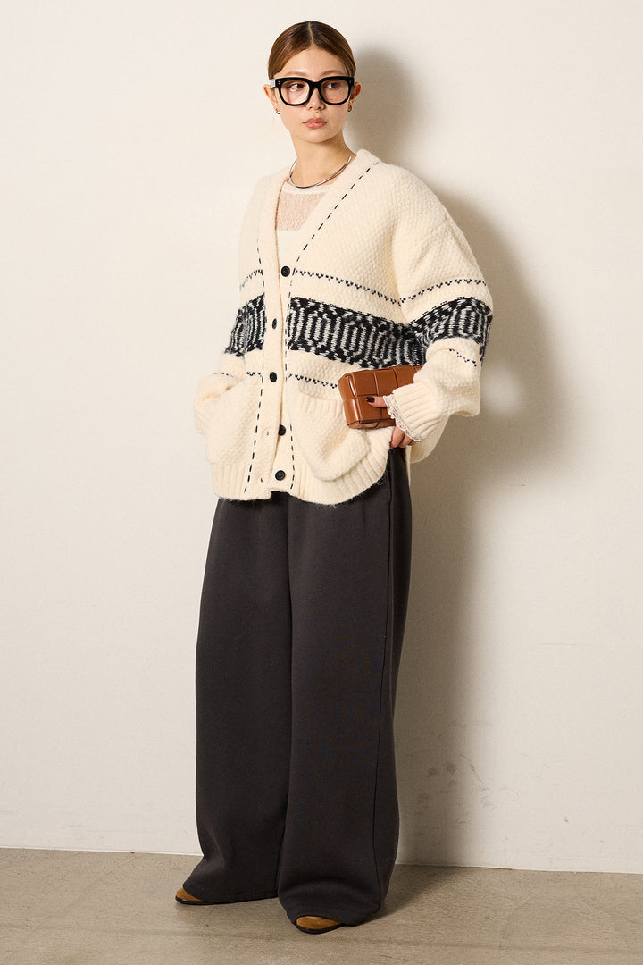 [SET]ライン柄ステッチニットカーディガン+裏起毛スウェットワイドパンツ(2set)