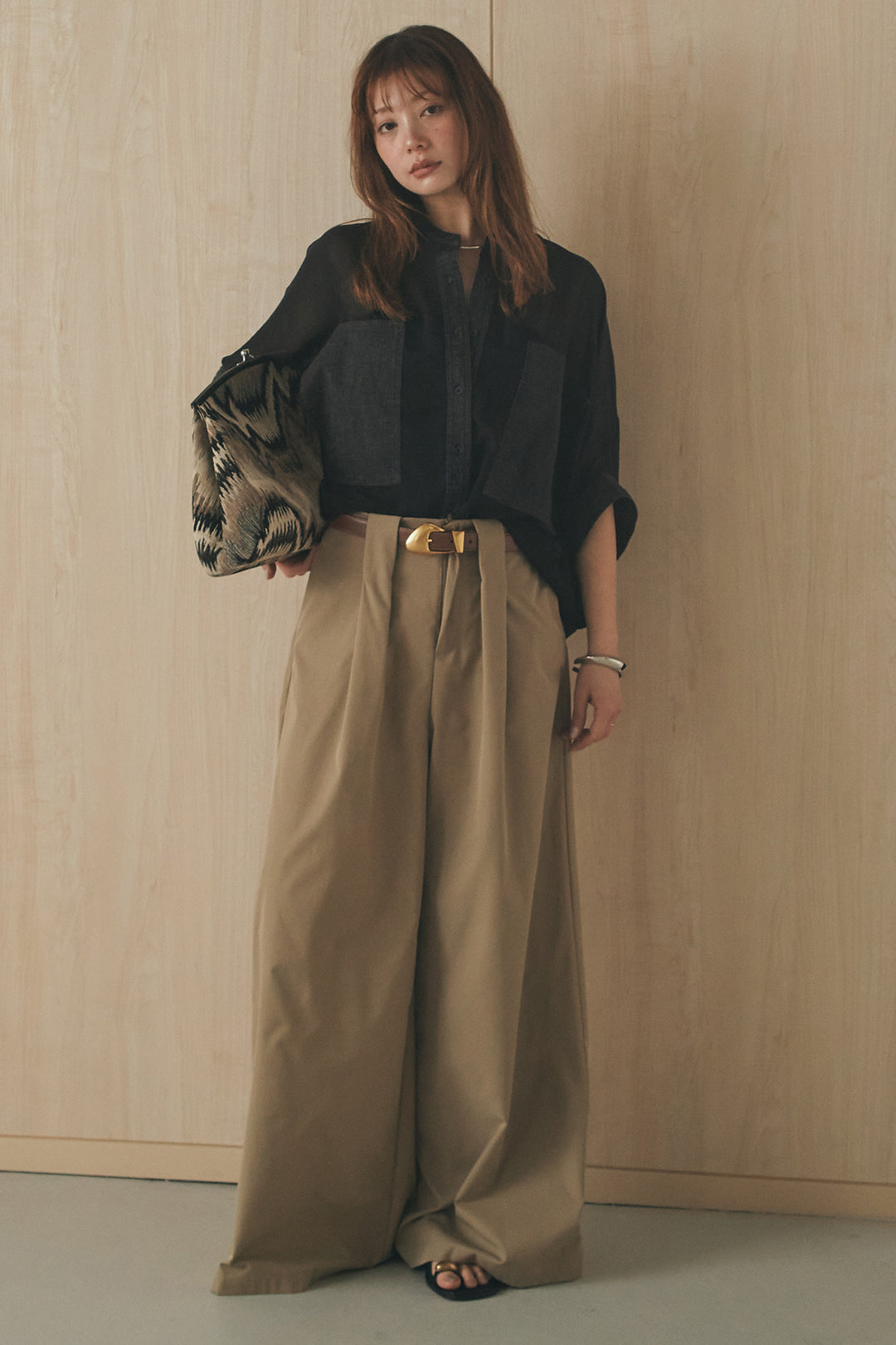 [SET]デニムライクビッグツーポケシアーシャツ+ベルトループデザインハイウエストタックパンツ(2set)