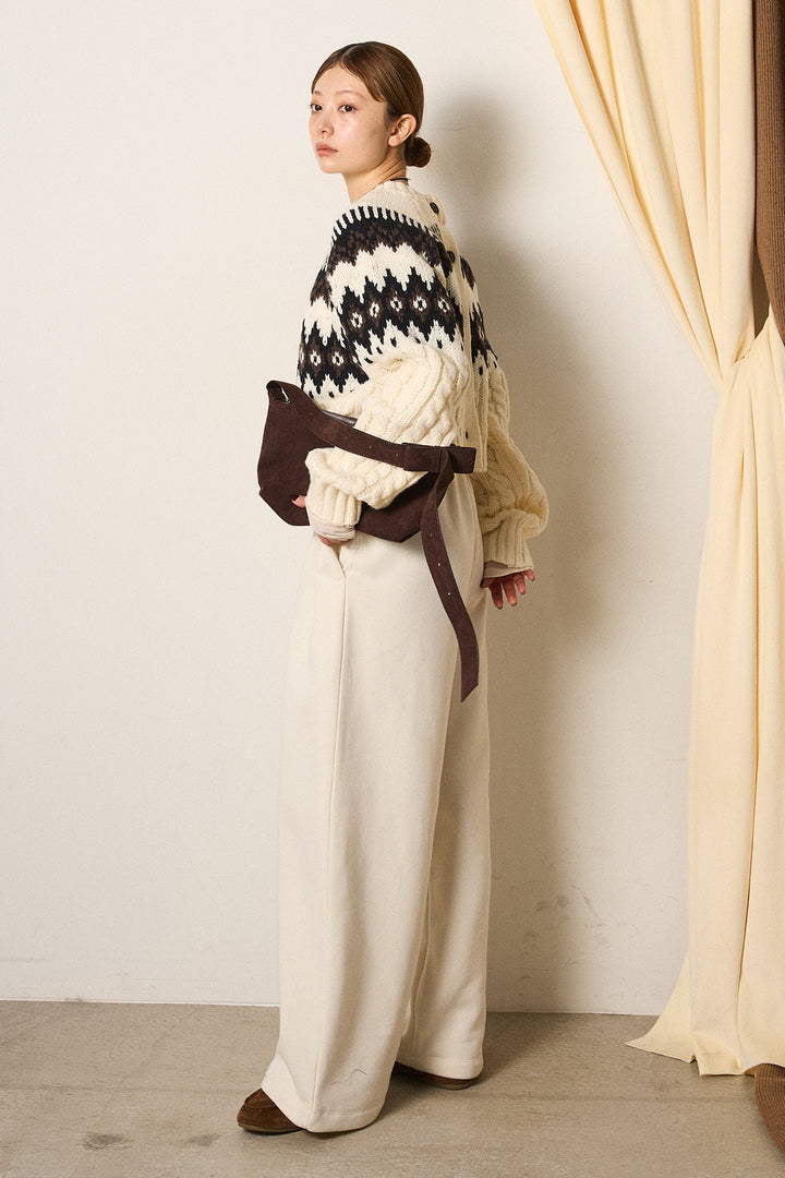 [SET]2WAY求心柄ジャガードショートカーディガン+裏起毛スウェットワイドパンツ+2WAY袖コード刺繍クルーネックプルオーバー(3set)