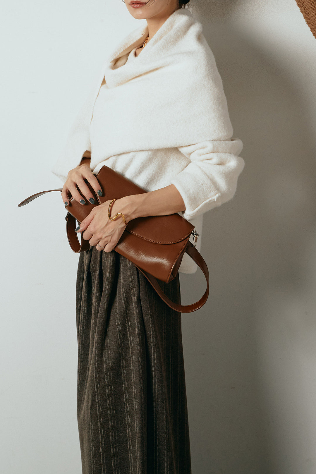 [SET]ネック巻きデザインニットトップス+タック入りマルチストライプ柄ワイドパンツ(2set)