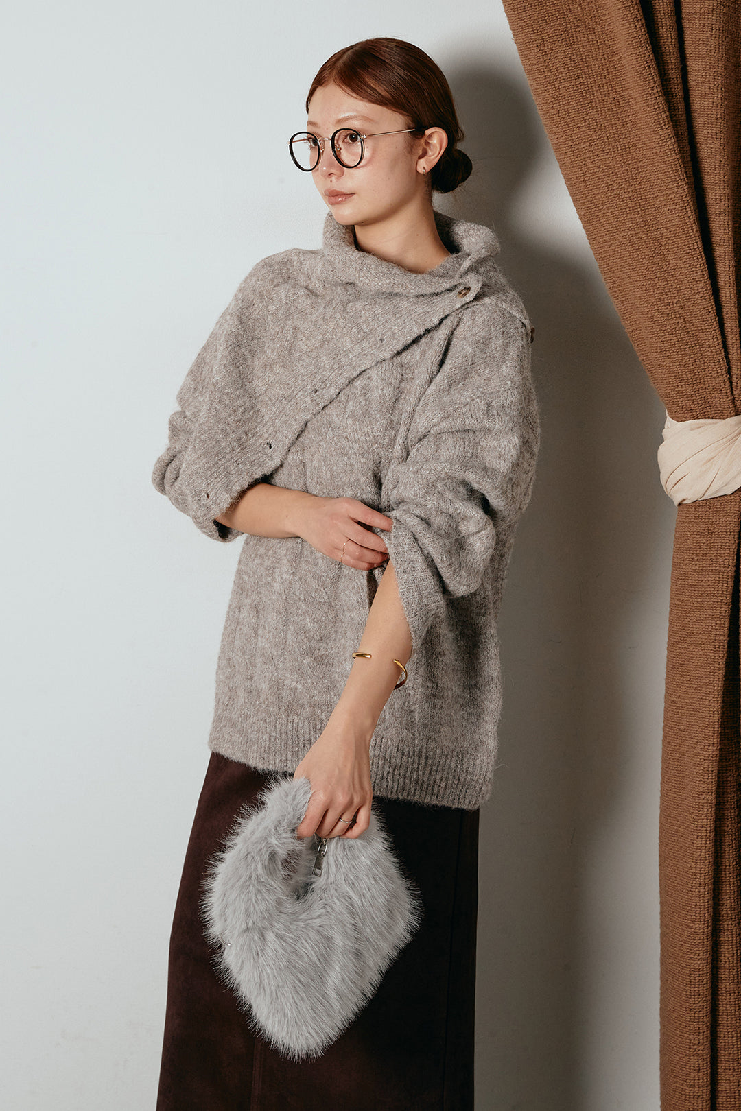 [SET]ケープデザインケーブルニットトップス+スウェードライク裾フリンジスカート(2set)