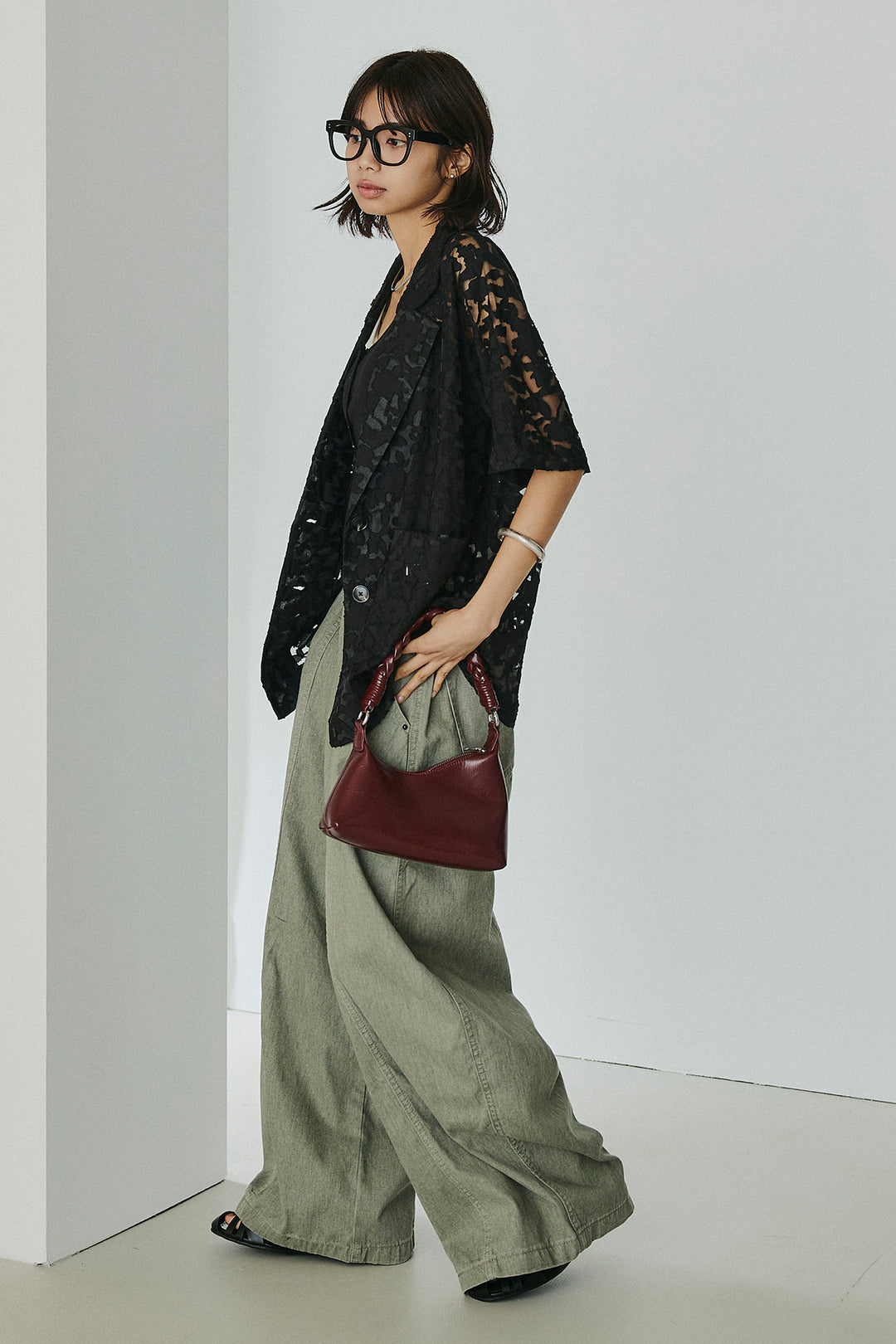 [SET]シアージャガードハーフスリーブテーラードジャケット+サイドベルトカーブワイドパンツ+配色ヘンリーネックタンクトップ(3set)