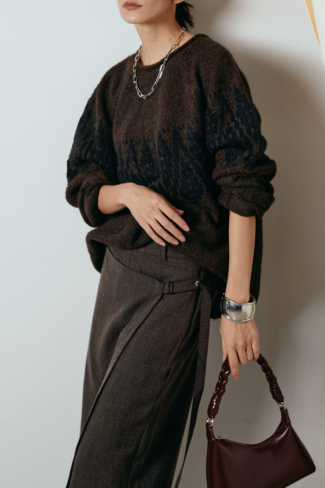 [SET]モノトーン柄ニットトップス+ラップ巻きワイドスラックス(2set)