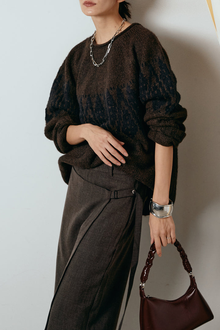 [SET]モノトーン柄ニットトップス+ラップ巻きワイドスラックス(2set)