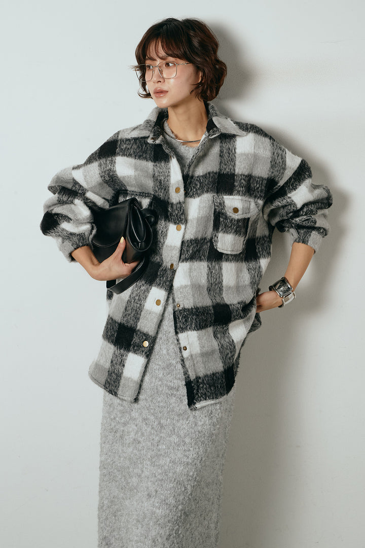 [SET]起毛チェック柄ポケットアウター+起毛ノースリーブニットロングワンピース(2set)