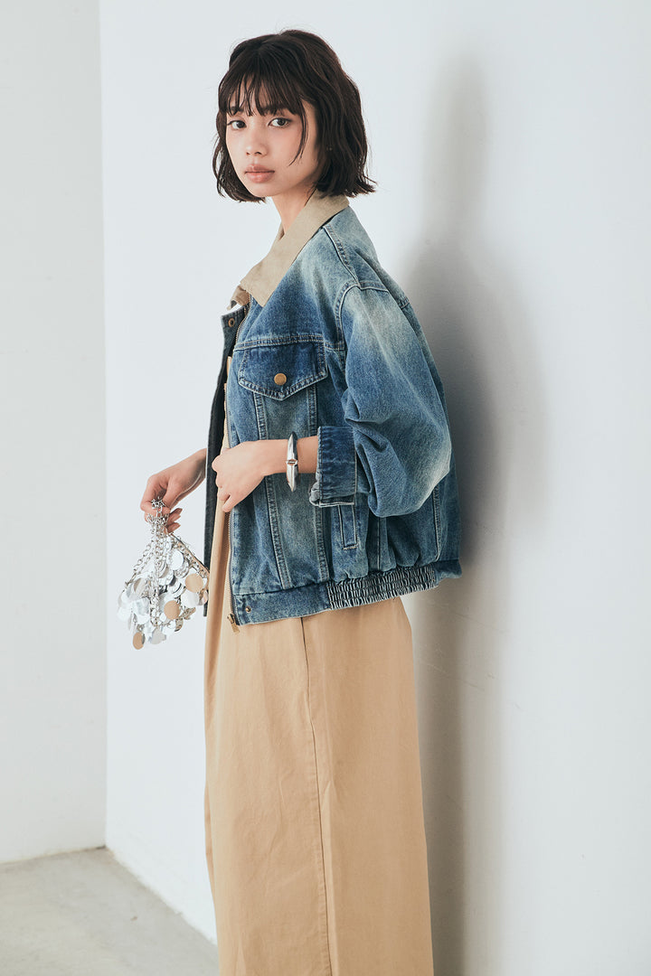 [SET]襟切り替えジップデニムジャケット+綿ツイルアシメサロペット(2set)