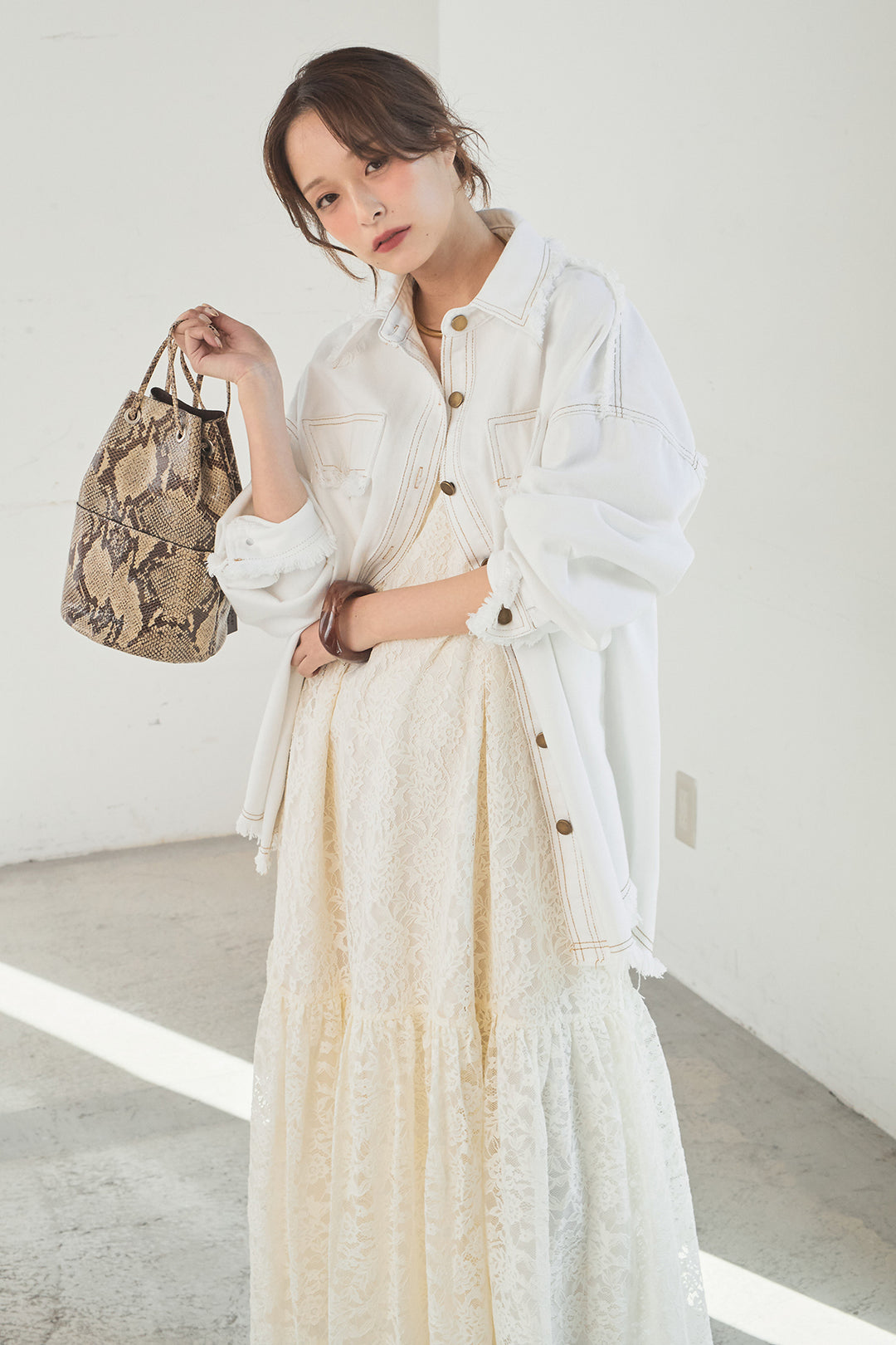 [SET]フリンジデニムジャケット+レース刺繍フレアキャミワンピース(2set)