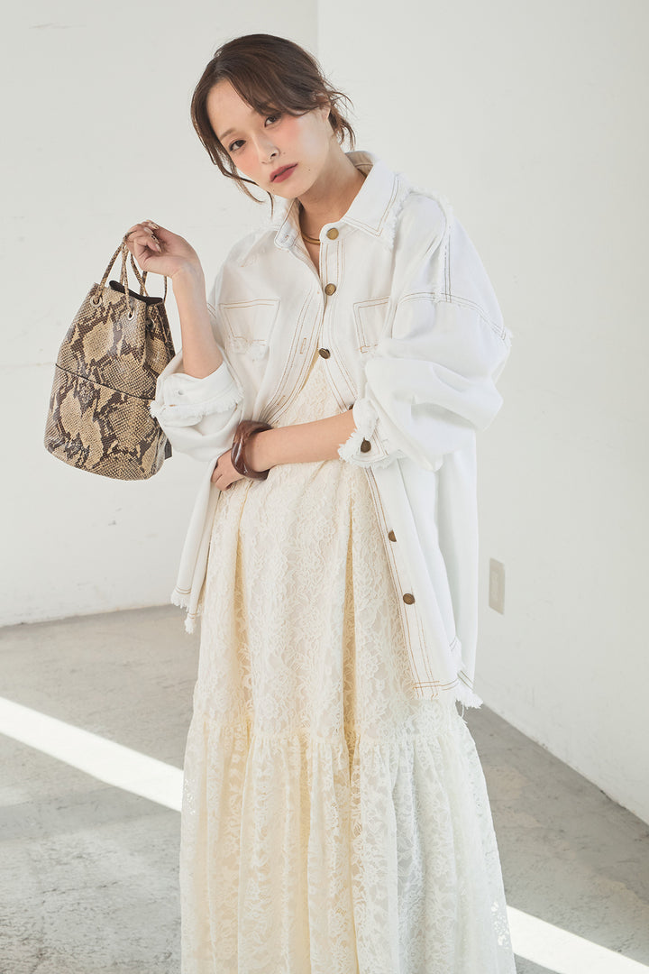 [SET]フリンジデニムジャケット+レース刺繍フレアキャミワンピース(2set)