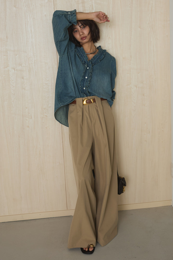 [SET]Vネックデニムフリルトップス+ベルトループデザインハイウエストタックパンツ(2set)