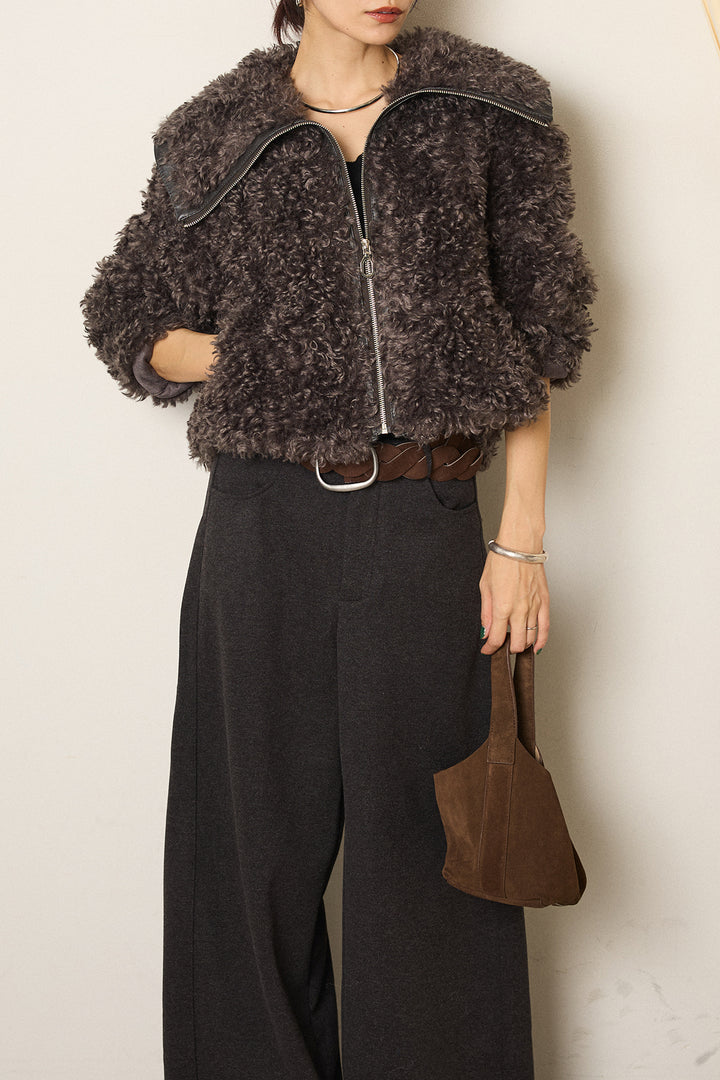 [SET]ビッグカラープードルボアアウター+編みベルト付きワイドパンツ(2set)