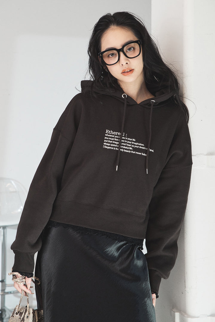 [SET]裏起毛レタリング刺繍フーディショートプルオーバー+ストレッチレースクルーネックインナー(2set)