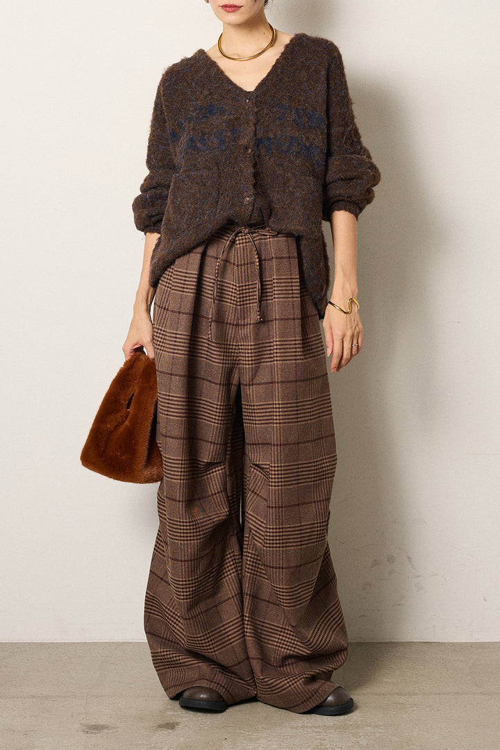 [SET]ウール混透かしロゴニットカーディガン+グレンチェックルーズタックパンツ(2set)