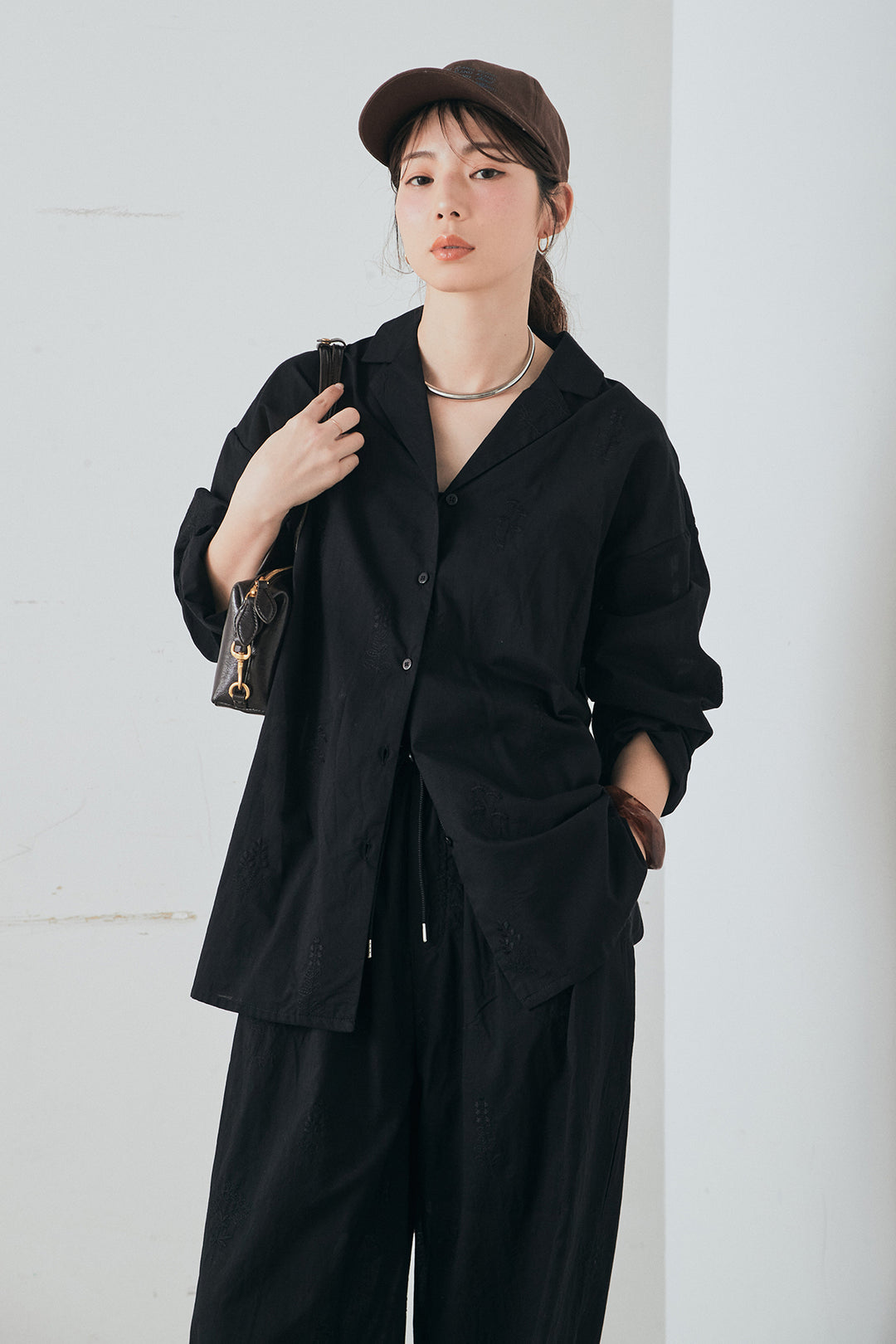 [SET]刺繍ローンオープンカラーシャツ+刺繍ローンタックイージーパンツ(2set)