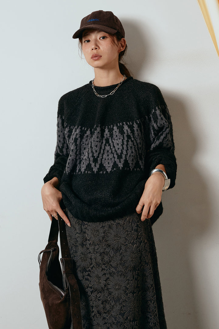 [SET]モノトーン柄ニットトップス+花柄刺繍ベロアフレアスカート(2set)