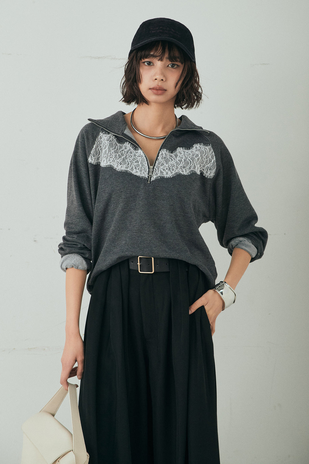 [SET]リバーレースハーフジップ裏毛スウェット+ベルト付きタックデザインハイウエストロングパンツ(2set)