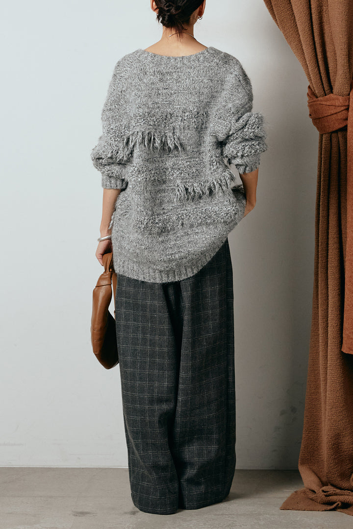 [SET]フリンジニットカーディガン+ウールライクチェックタックパンツ(2set)