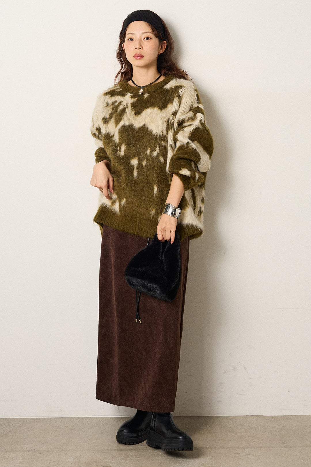 【着回しセット】[SET]モヘアタッチマーブルニット+タック入りコーデュロイワイドパンツ+ロープベルト付きスウェード調スカート(3set)