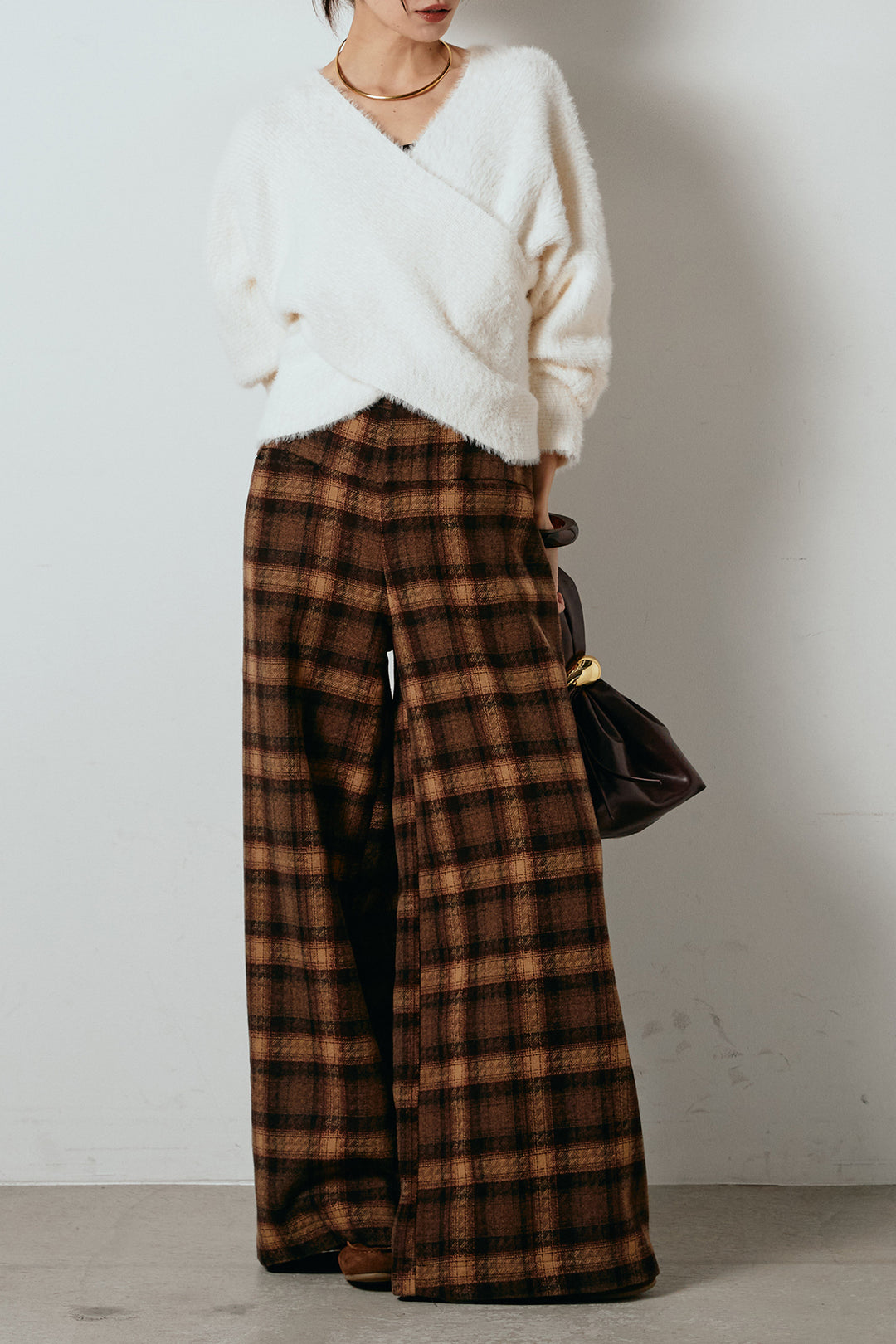 [SET]シャギーカシュクールニットトップス+ルーズタータンチェックワイドパンツ(2set)