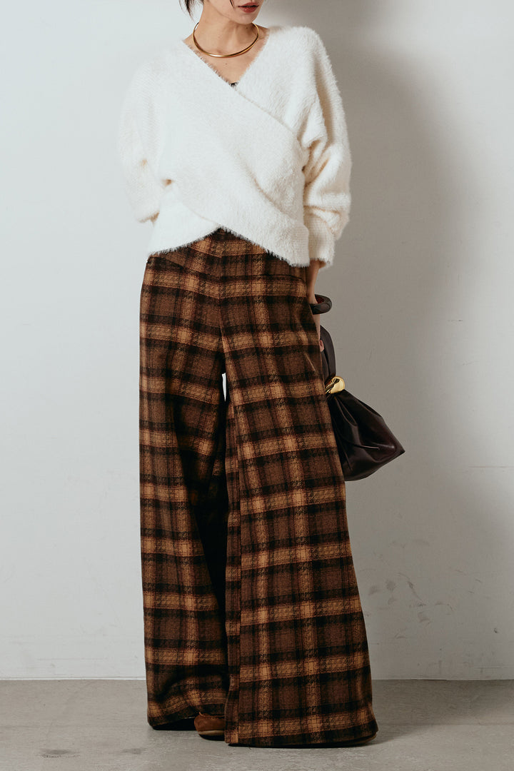 [SET]シャギーカシュクールニットトップス+ルーズタータンチェックワイドパンツ(2set)