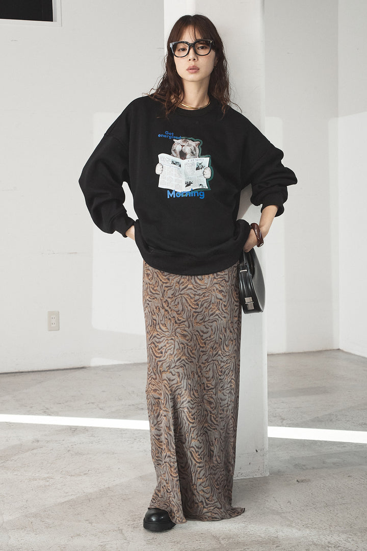 [SET]裏起毛モーニングキャットプリントスウェット+抽象柄ロングスカート(2set)