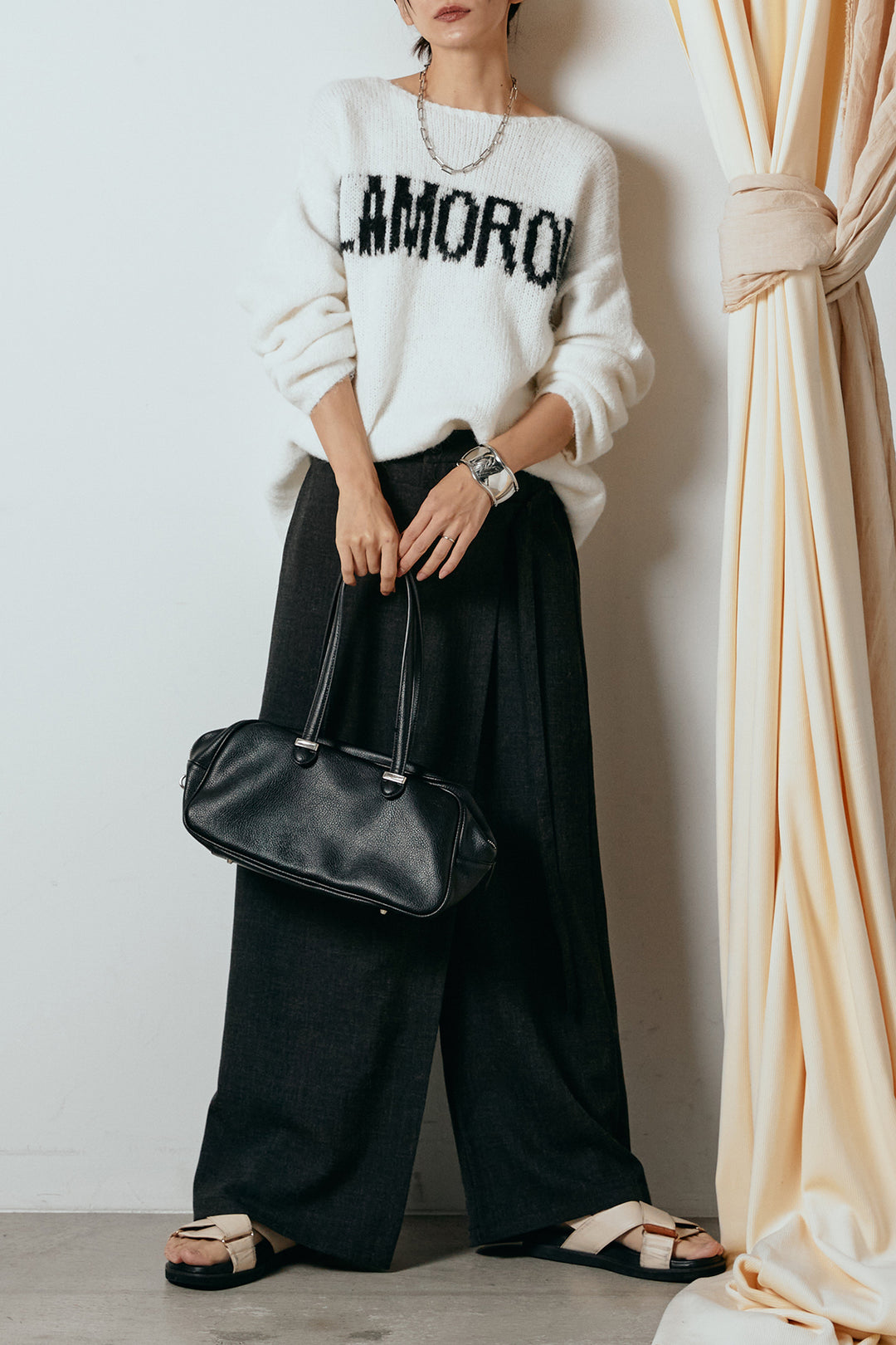 [SET]フロントロゴデザインニットトップス+ラップ巻きワイドスラックス(2set)