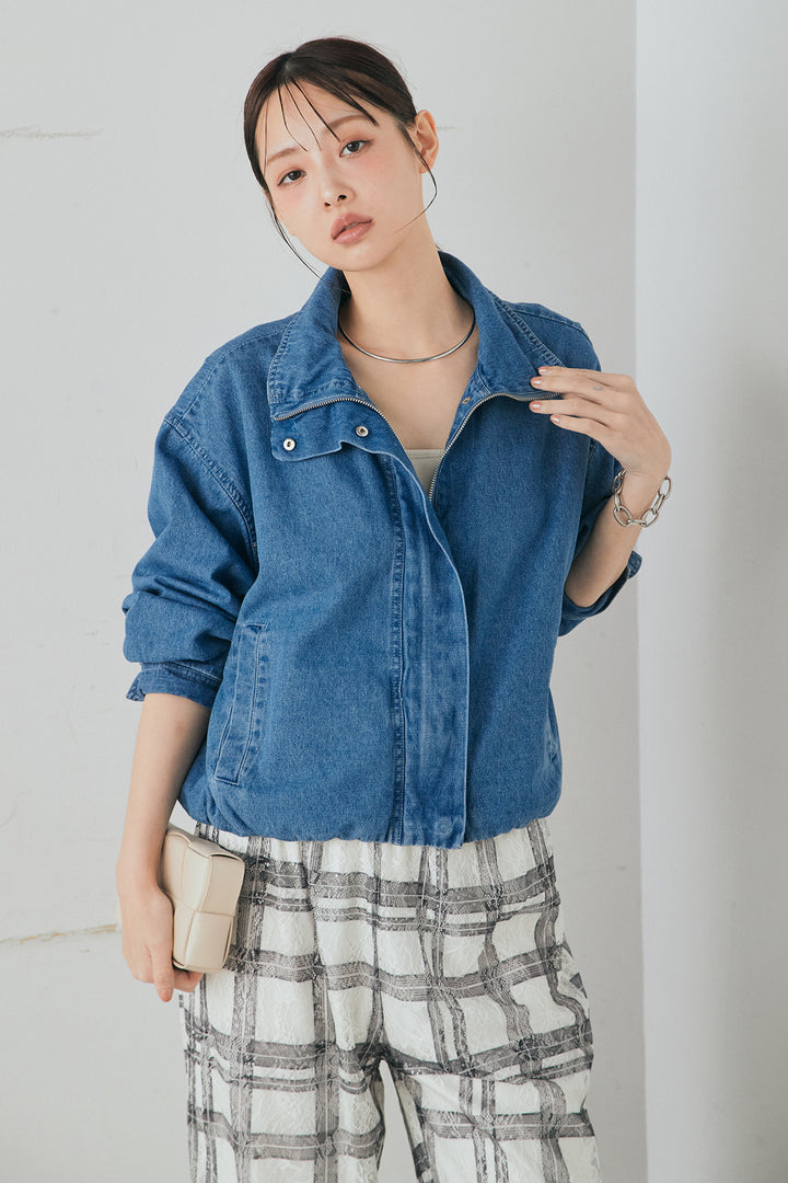 [SET]スタンドカラーデニムブルゾンジャケット+レースチェックワイドイージーパンツ(2set)