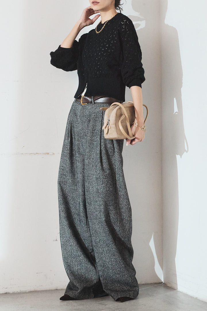 [SET]透かし編みニットジップスリットプルオーバー+タックツイードワイドパンツ(2set)