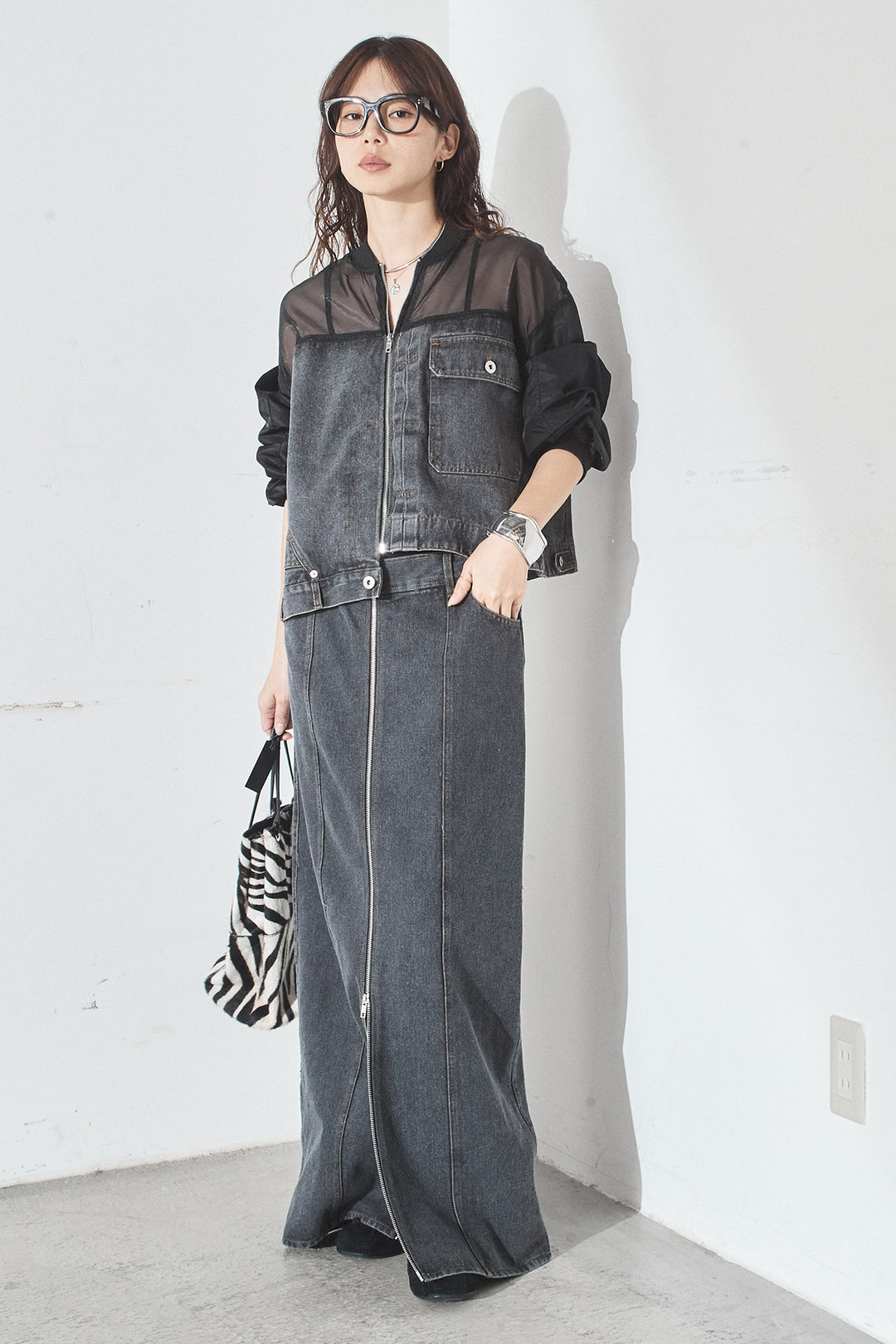 [SET]デニムコンビネーションブルゾン+フロントジップデニムスカート(2set)