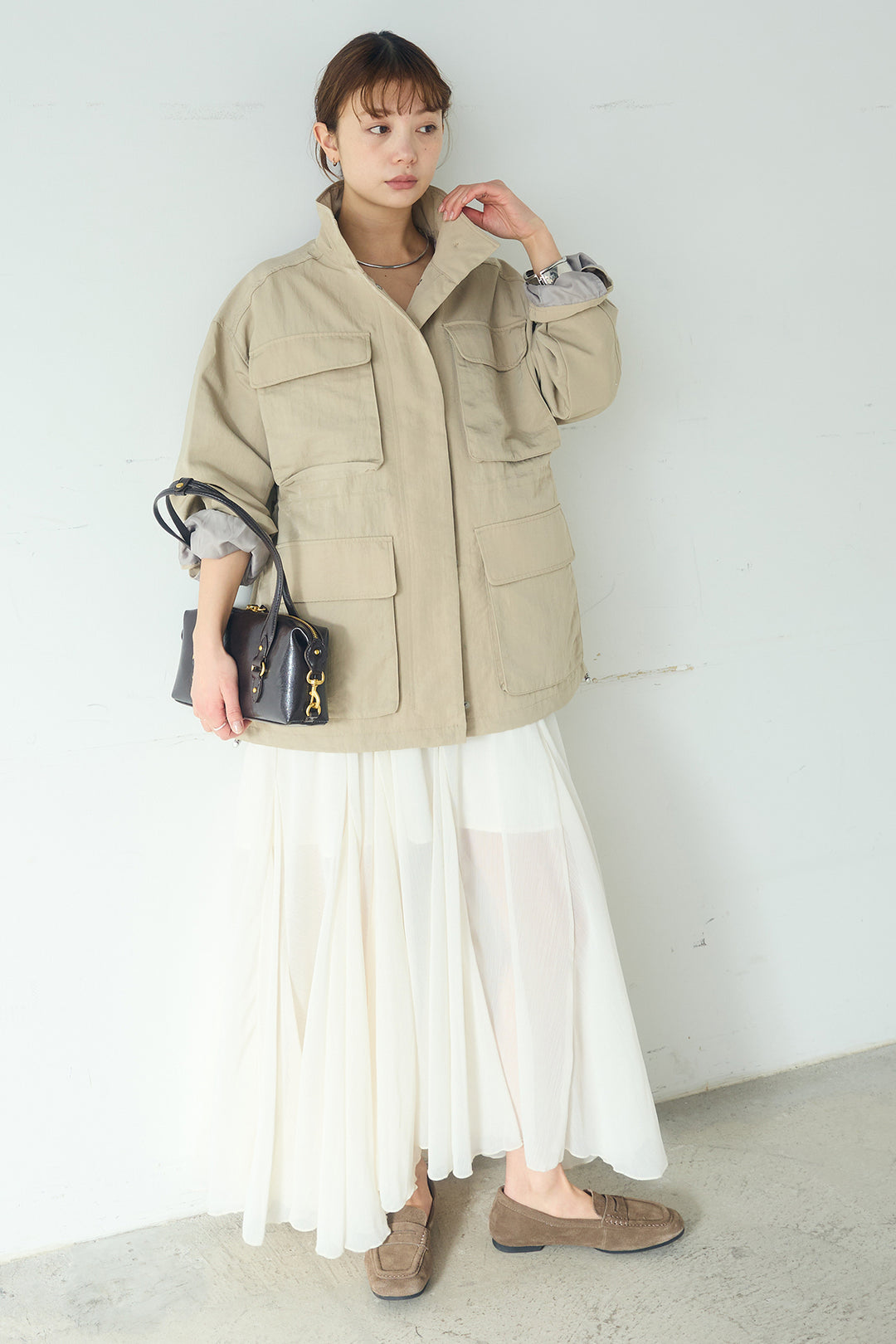 [SET]ナイロンツイルフィールドジャケット+シアーフリルキャミワンピース(2set)