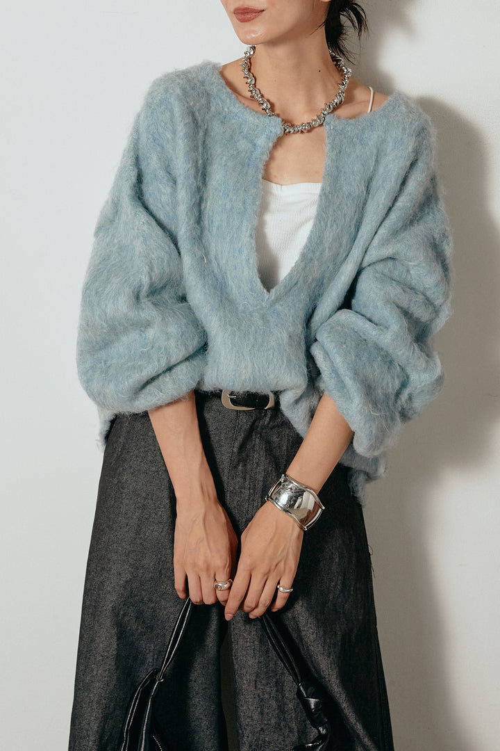 [SET]ミックスシャギー深Vニット+デザインワイドデニムパンツ(2set)