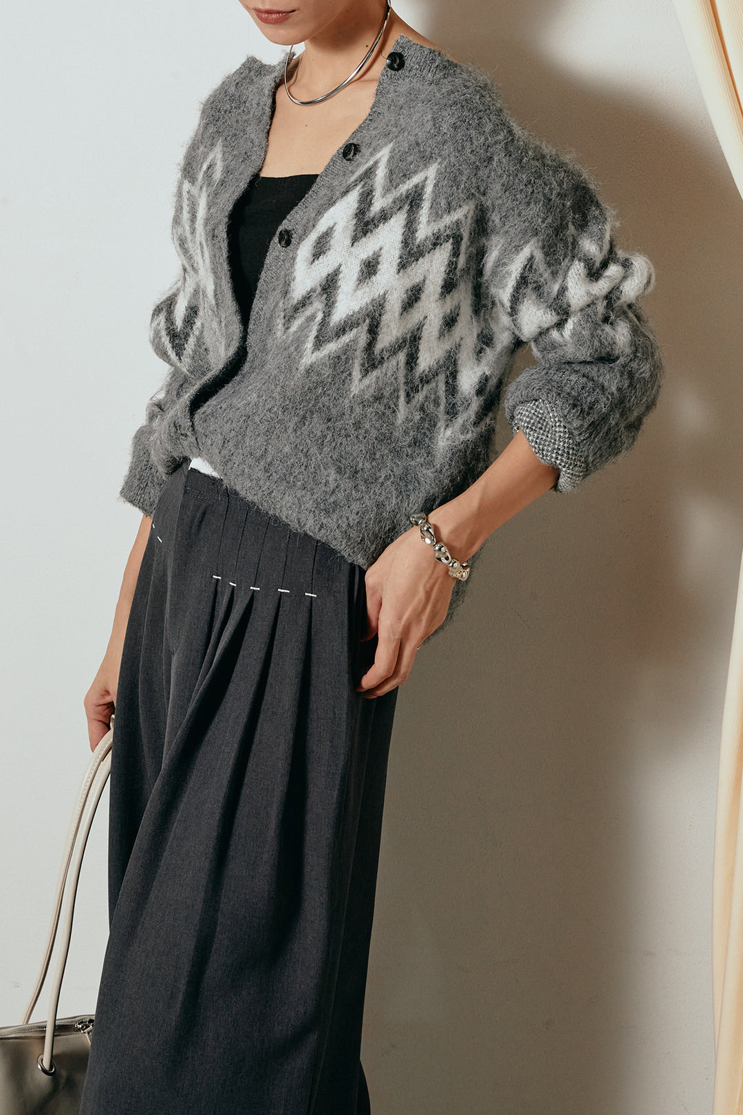 [SET]起毛ノルディック柄ニットカーディガン+ウエストステッチデザインワイドスラックス(2set)