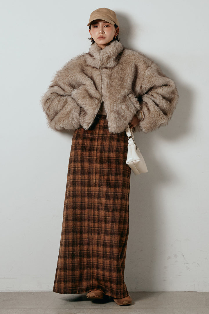 [SET]エコファーショート丈ブルゾン+シャギーチェックストレートスカート(2set)