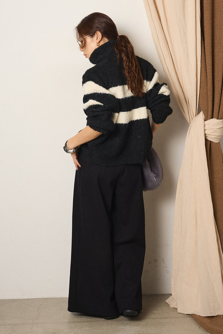 [SET]ハイネックボーダーニットカーディガン+フェイクレザー太ベルト付きタックワイドパンツ(2set)