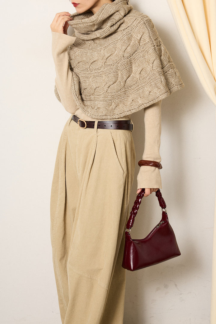 [SET]ケーブル編みケープレイヤードニット+タック入りコーデュロイワイドパンツ(2set)