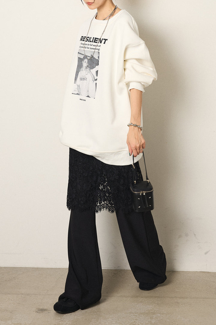 [SET]モノトーンプリントスウェット+レース刺繍レイヤードフレアパンツ(2set)