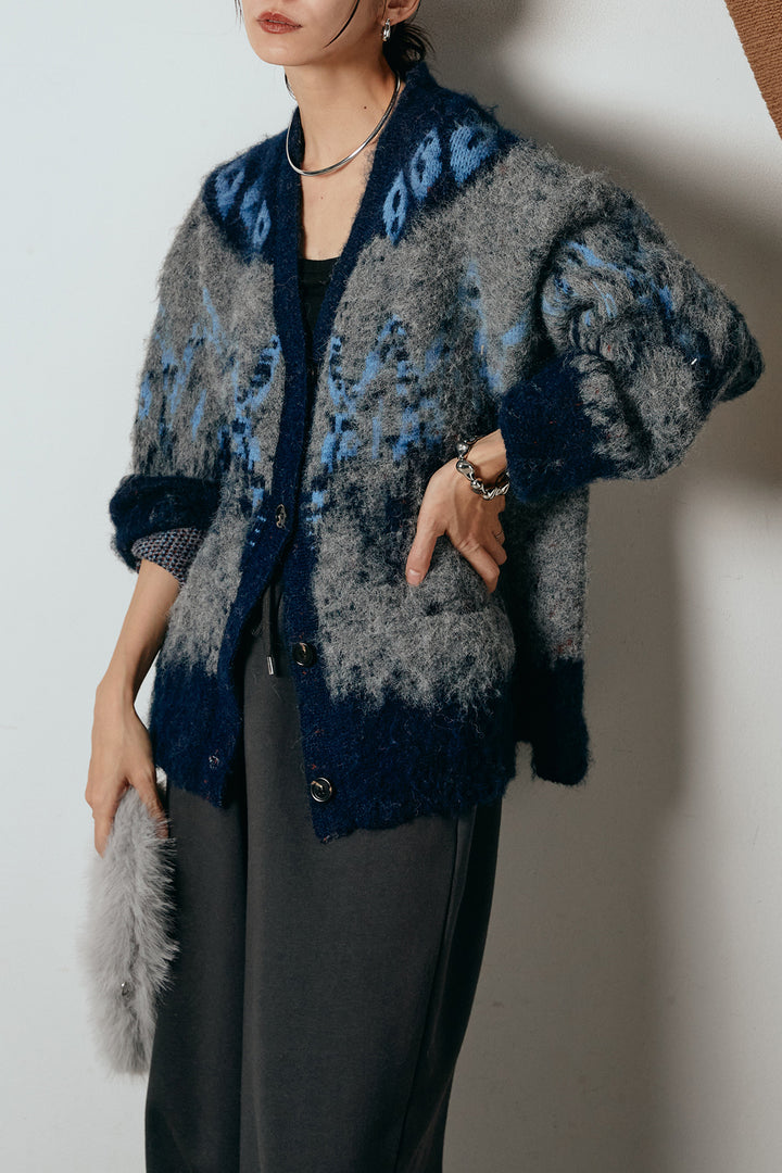 [SET]シャギーニュアンス柄ニットカーディガン+裏起毛スウェットワイドパンツ(2set)