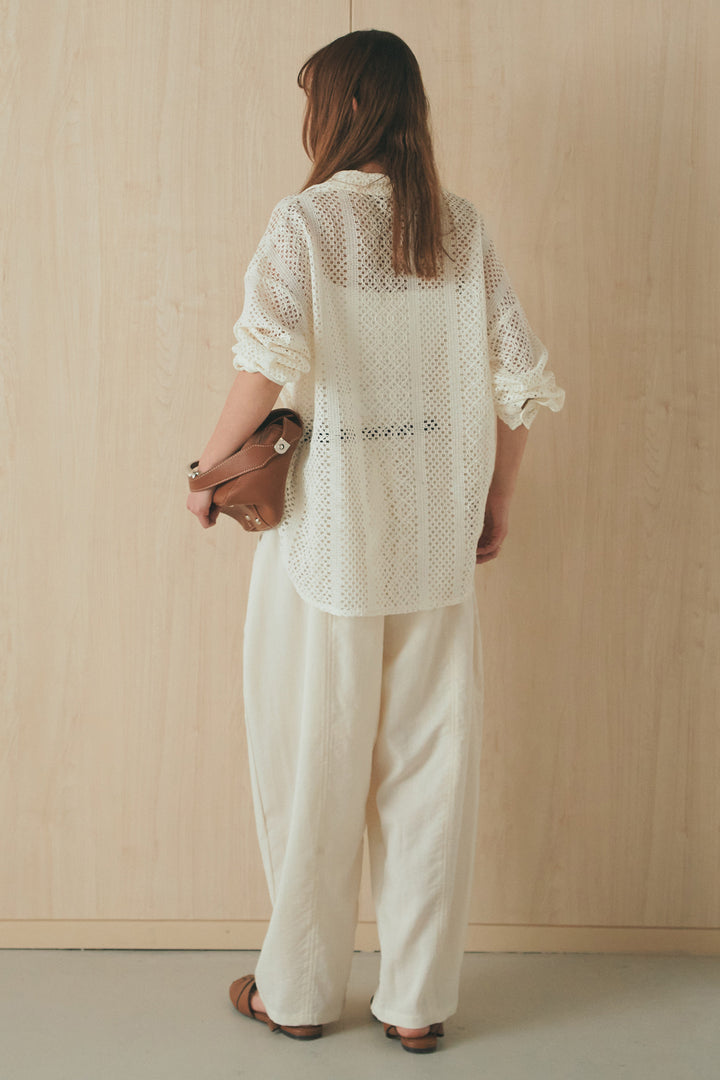 [SET]長袖襟付きレースシャツ+ポケットタックフォルムパンツ(2set)
