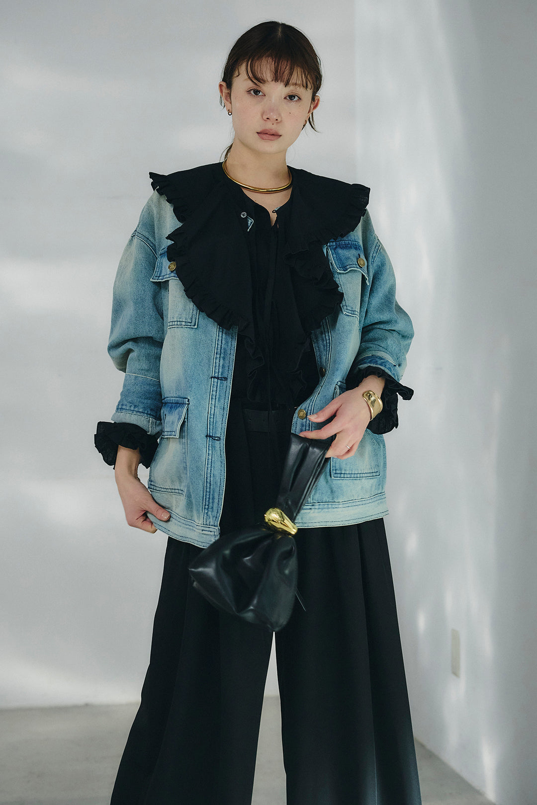 [SET]ノーカラーデニムポケットジャケット+コットンフリルブラウス+ベルト付きタックデザインハイウエストロングパンツ(3set)